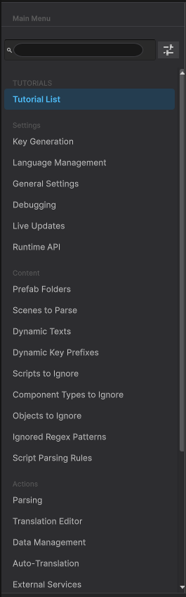 Sidebar menu with navigation and search